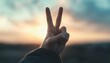 © narak0rn - Peace sign gesture with a hand silhouetted against a beautiful sunset.