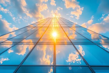 Poster - Sunlight shines through the glass facade of a modern skyscraper, reflecting the blue sky and white clouds.