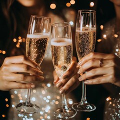 Close-up of friends' hands holding champagne flutes. Celebration