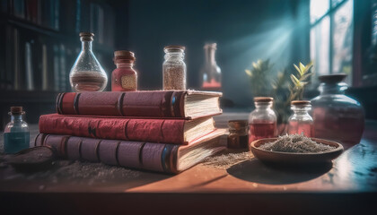 An open old book, pharmacy instruments, herbs, on a dark brawn wooden table.