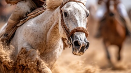 A powerful white horse gallops energetically through dusty ground, capturing the spirit of freedom and adventure, with its mane flowing and eyes focused forward.