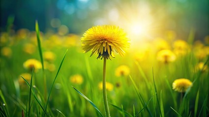 Wall Mural - Beautiful blooming dandelion flower in a green field panorama