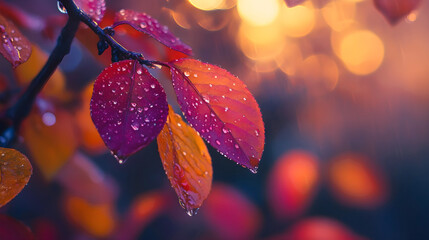 Wall Mural - Close-up of colorful autumn leaves covered in raindrops with a soft bokeh background glowing in warm tones