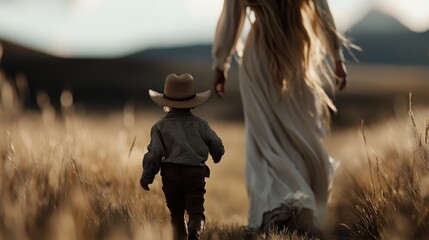 A young child in a hat walks beside a woman in a flowing dress through a golden wheat field, symbolizing innocence and connection under a vast sky.