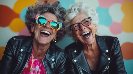 Two joyful women wearing vibrant sunglasses and leather jackets laugh, embracing the energy of friendship and happiness against a colorful background.