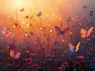 Wall Mural - Sunset Meadow with Butterflies: A Dreamy Landscape