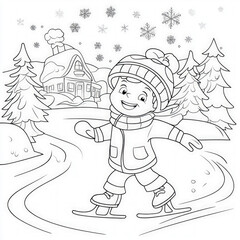 Canvas Print - A snowy landscape with ice skating, coloring page for kids, simple outline illustration. Coloring book, simple lines.