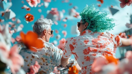 Two people with colorful hair and floral attire bicycle in a dynamic swirl of floating flowers, creating a lively and surreal atmosphere in a clear blue sky.