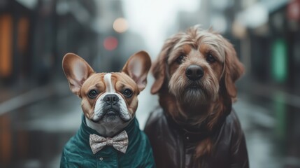 Two fashionable dogs, one wearing a bow tie, pose confidently on a street in trendy attire against a blurred urban backdrop, showcasing unique personality and style.