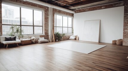 A bright artist's loft featuring an empty canvas against exposed brick walls, with natural light streaming in, symbolizing creativity in a minimalist setting.