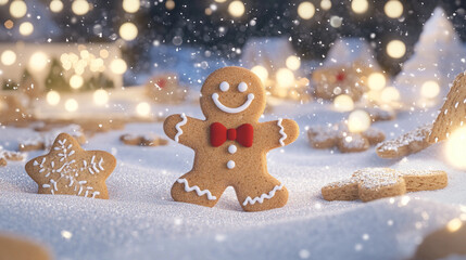 Festive Gingerbread Man Surrounded by Delicious Holiday Cookies and Sparkling Lights