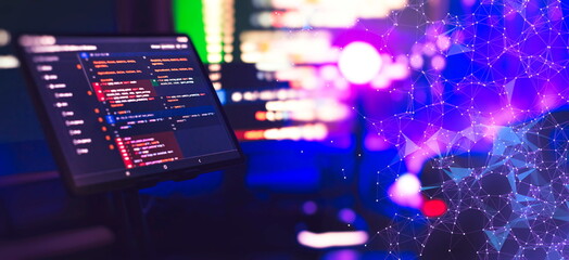 Running Computer data programming. Coding script text on screen.
