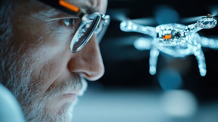 Close-up of an elderly man wearing glasses, intently observing a modern drone, symbolizing the intersection of technology and human curiosity in a digital age.