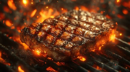 Wall Mural - A perfectly grilled steak sizzling on a barbecue grill.