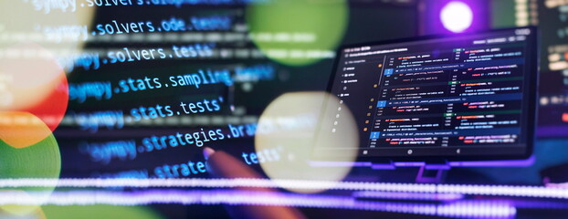 Coding script text on screen. Notebook closeup photo. Running Computer data programming.