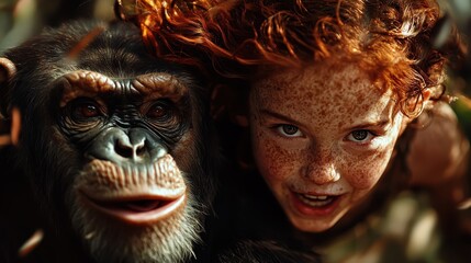 A playful interaction between a joyful child with red hair and a chimpanzee, both displaying matching expressions, highlighting bonds between nature and humans in joy.