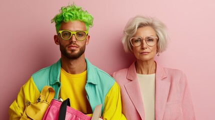 A striking visual of a young, green-haired man and a sophisticated white-haired woman standing against a pastel pink wall, showcasing fashion and style contrast.