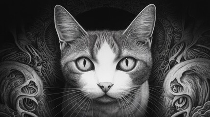 Canvas Print - A cat with a large black and white portrait of it's face, AI