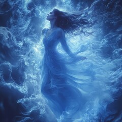 Mystical Woman in Blue Dress with Flowing Hair and Smoke