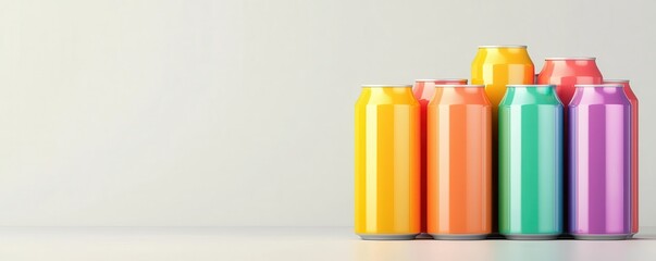 Wall Mural - A vibrant collection of colorful beverage cans arranged in a visually appealing manner against a neutral background.