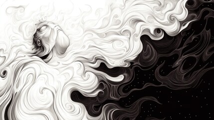 Wall Mural - a black and white painting of a man with his head in the clouds, ai