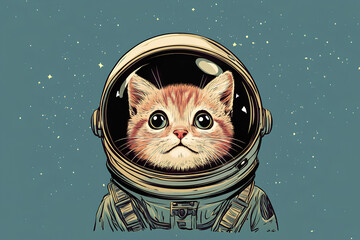 illustration of a cute little cat wearing an astronaut helmet