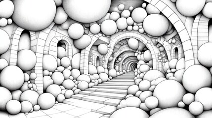 Wall Mural - a drawing of a staircase with many balls on it, ai