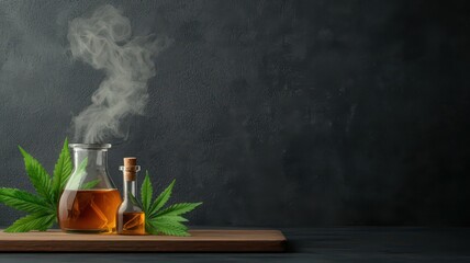 Canvas Print - A glass teapot and a small bottle emit steam, surrounded by green leaves on a wooden board against a dark textured background.