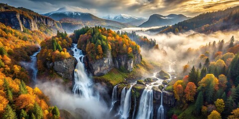 Breathtaking aerial view of misty autumn mountain landscape with waterfalls