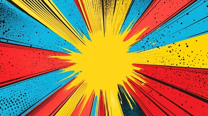 A bright yellow explosion with red, blue, and yellow rays on a grunge background.