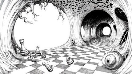 Wall Mural - A black and white drawing of a tunnel with chess pieces, AI