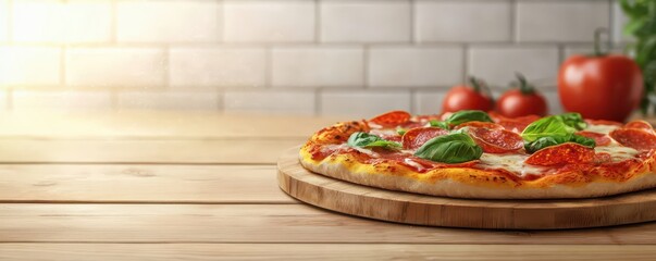 A delicious pizza topped with pepperoni and fresh basil, resting on a wooden board, with ripe tomatoes in the background.