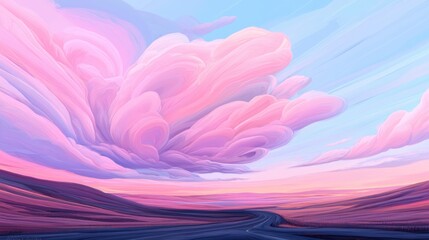 Wall Mural - a painting of a colorful landscape with clouds and mountains, ai