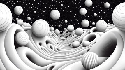 Wall Mural - a black and white image of a bunch of balls in the air, ai