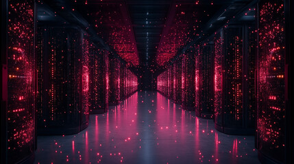 Wall Mural - Data centers filled with rows and rows of servers as blinking light indicate constant processing, high detail, cinematic angle composition.