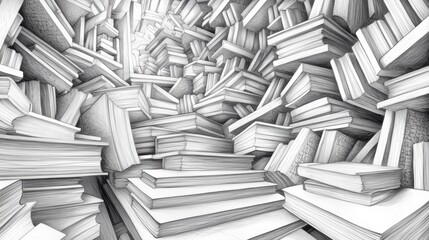 Wall Mural - A black and white drawing of a bunch of books stacked on top of each other, AI