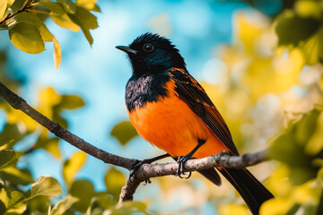 Poster - A small orange and black bird sitting on a tree branch