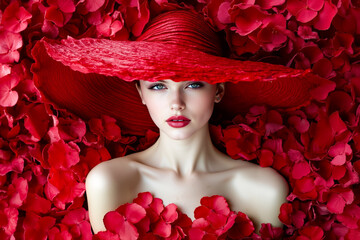 Canvas Print - A woman in a red hat surrounded by red flowers