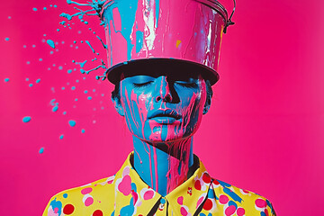 Sticker - A woman with a bucket on her head covered in paint