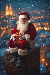 Poster - A man dressed as Santa Claus sitting on top of a brick wall holding a present