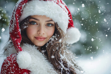 Poster - A woman wearing a santa hat in the snow