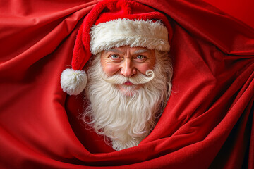 Sticker - A close up of a santa claus face peeking out from behind a red cloth