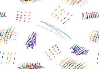 Wall Mural - seamless pattern of colorful naive playful shapes drawing by wax crayon pencil. chalk scribbles in p