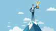 © W - A man is standing on top of a mountain holding a trophy. Concept of accomplishment and triumph