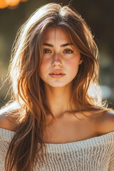 Canvas Print - A woman with long brown hair is posing for a picture