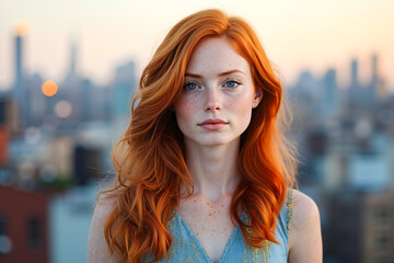 Sticker - A woman with long red hair standing in front of a city skyline