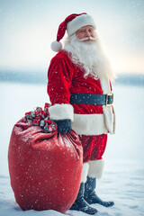 Poster - A man dressed as Santa Claus standing in the snow with a large bag of presents