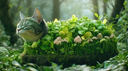 Canvas Print - A cat sleeping in a garden of plants and flowers, AI