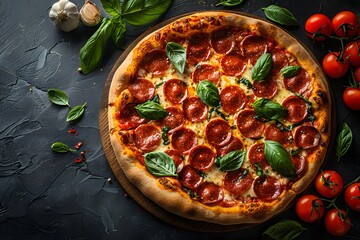 Delicious Pepperoni Pizza with Basil Leaves on Rustic Dark Background for Culinary Design