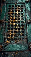 Wall Mural - Close-up of a Weathered Metal Grid with Water Drops